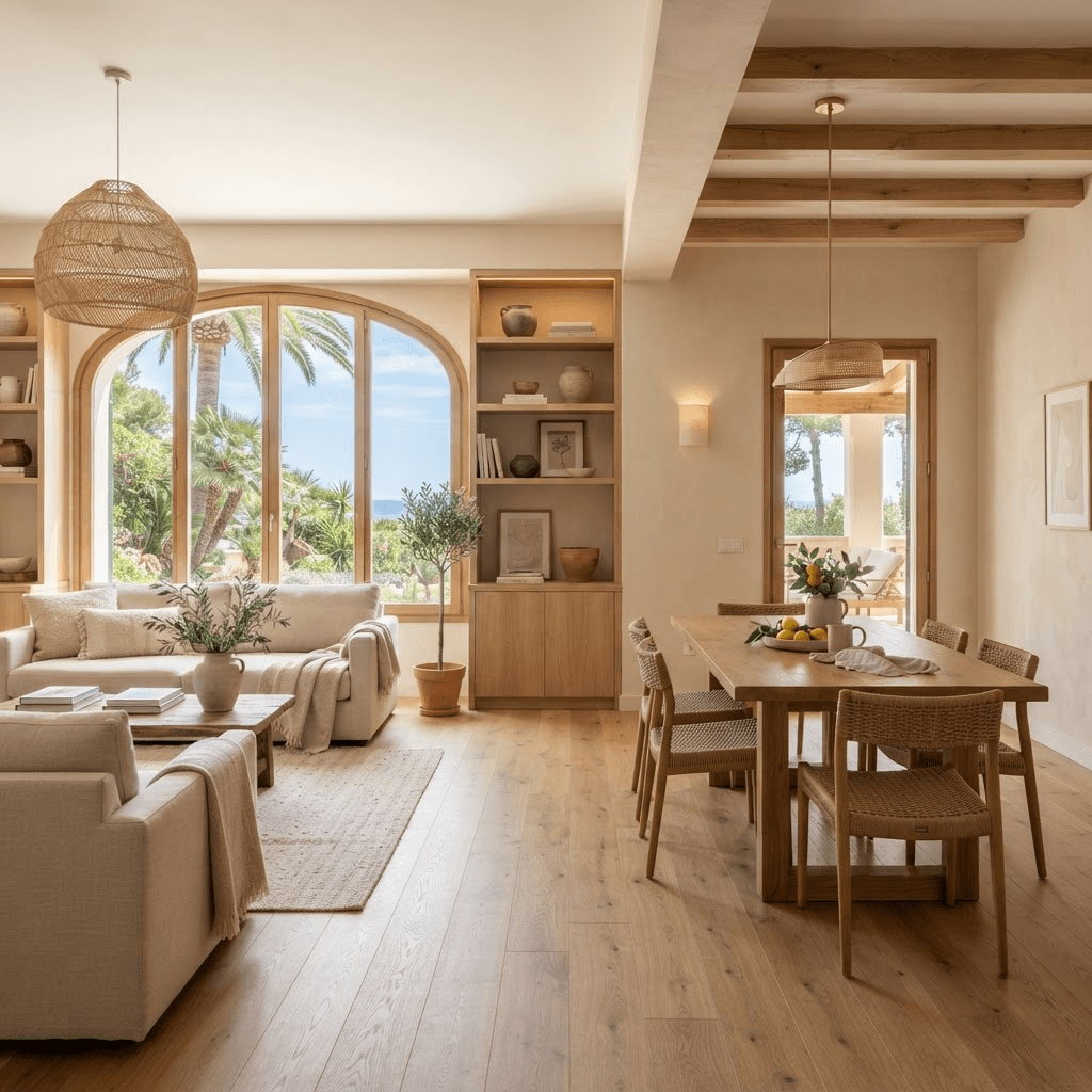 Living room with wood flooring and walls in warm tones