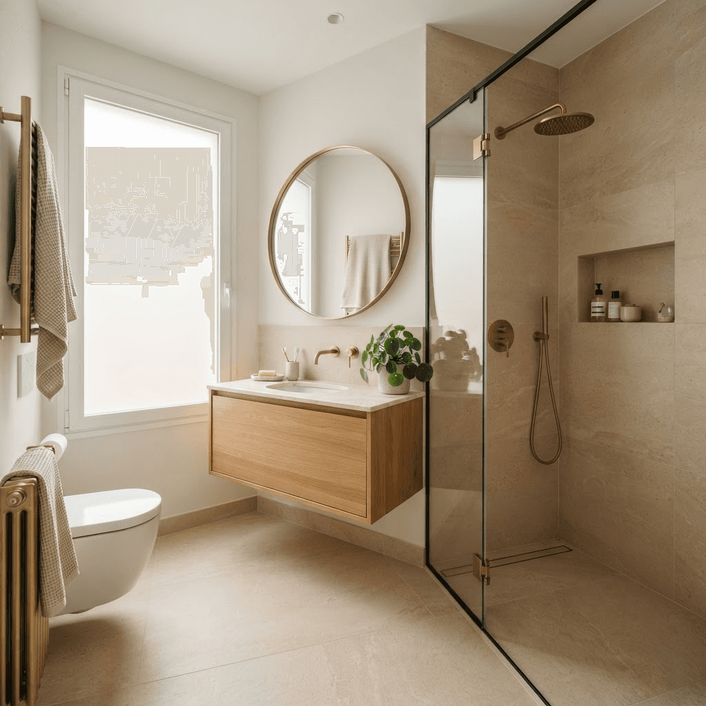 Baño reformado con ducha de obra y azulejo de gran formato